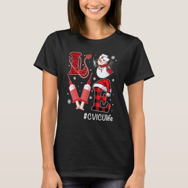 Camiseta Love CVICU Enfermeira Vida Snowman Seringa Natal N (Frente)