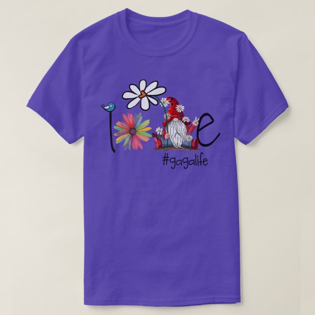 Camiseta Love Gaga Life Gnome Flower Art Bird Avó  (Frente do Design)