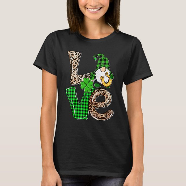 Camiseta LOVE Gnomes Leopard Plaid Irish St Patricks Day Gi (Frente)