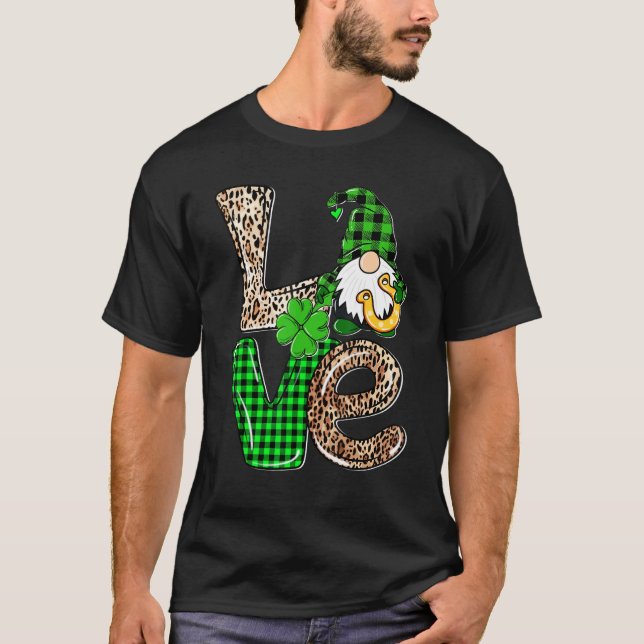 Camiseta LOVE Gnomes Leopard Plaid Irish St Patricks Day Gi (Frente)