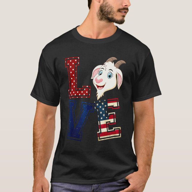 Camiseta LOVE Goat Face American Flag Patriótico 4 De Julho (Frente)