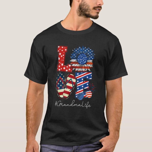 Camiseta Love Grandma Life Chinelos American Flag 4th Of (Frente)