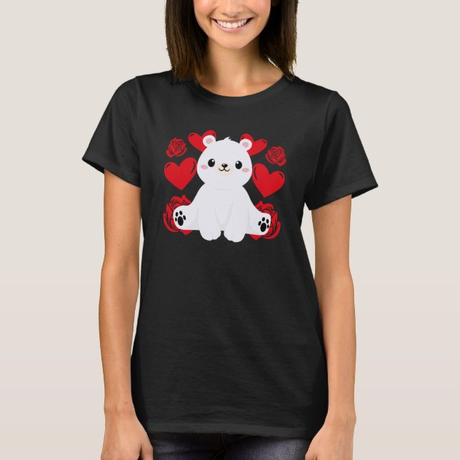 Camiseta Love Heart Dia de os namorados Rosas Polar Bear Bo (Frente)