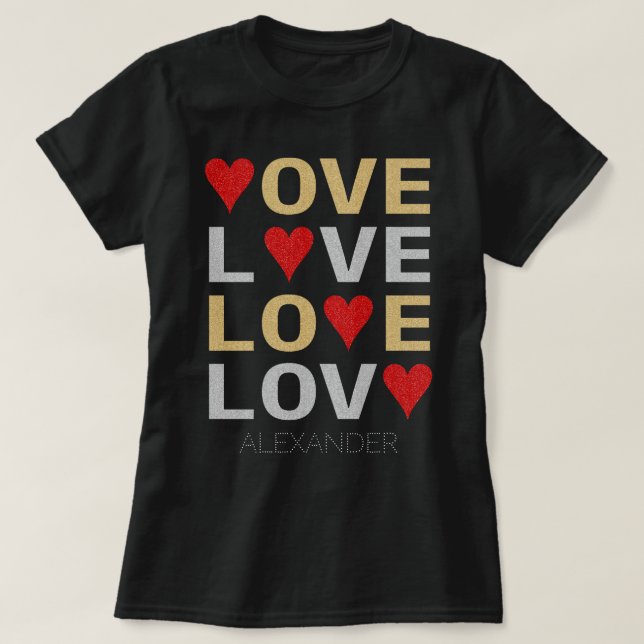 Camiseta Love Heart Red Dourado Silver Glitter Nome Persona (Frente do Design)