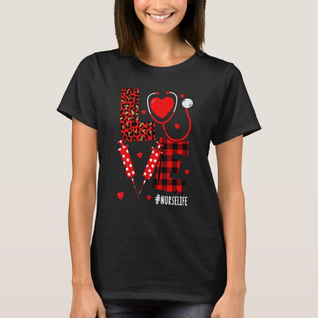 Camiseta Love Heart Stethoscope Nurse Life Leopard Valentin (Frente)