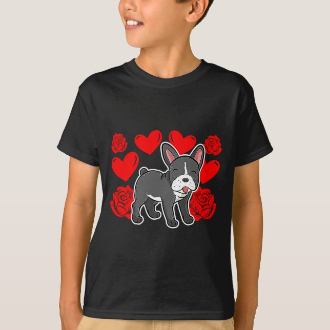 Camiseta Love Heart Valentines Day Roses French Bulldog Bo  (Frente)
