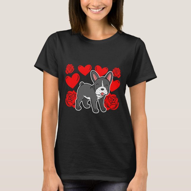 Camiseta Love Heart Valentines Day Roses French Bulldog Bo  (Frente)