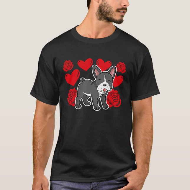 Camiseta Love Heart Valentine's Day Roses French Bulldog Bo (Frente)