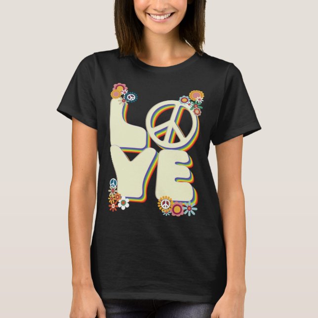 Camiseta Love Hippie Peace Sign Flowers Groovy 60s 70s Retr (Frente)