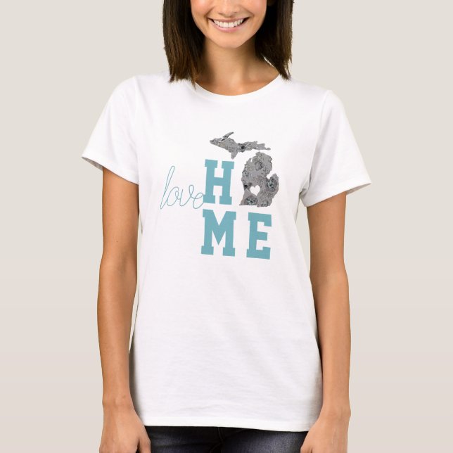 Camiseta Love Home State Michigan Cinzas Blue Poppies (Frente)