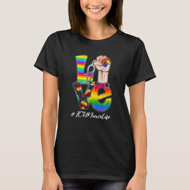 Camiseta Love Icu Enfermeira Vida Lgbt Orgulho gay Rainbow  (Frente)