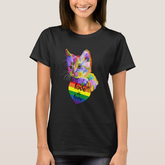 Camiseta Love Is Love Cat LGBT Flag Gay Pride Month Rainbow (Frente)