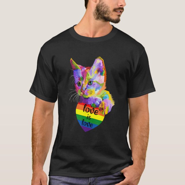 Camiseta Love Is Love Cat LGBT Flag Gay Pride Month Rainbow (Frente)