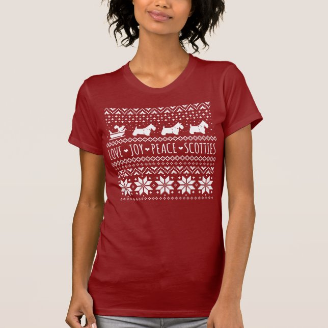 Camiseta Love Joy Peace Scotties Natal Holiday Dogs (Frente)