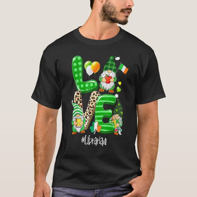 Camiseta LOVE Librarian Life Gnome Leopard Shamrock St Patr (Frente)
