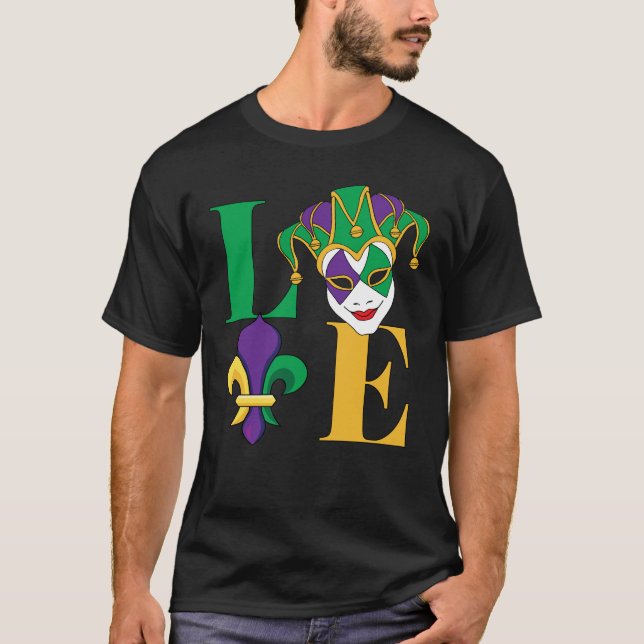 Camiseta Love Mardi Gras Jester Mask Fleur-de-Lys T-Shirt (Frente)