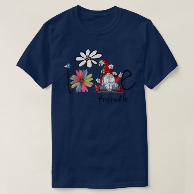 Camiseta Love Mema Life Gnome Flower Art Bird Avó  (Frente do Design)