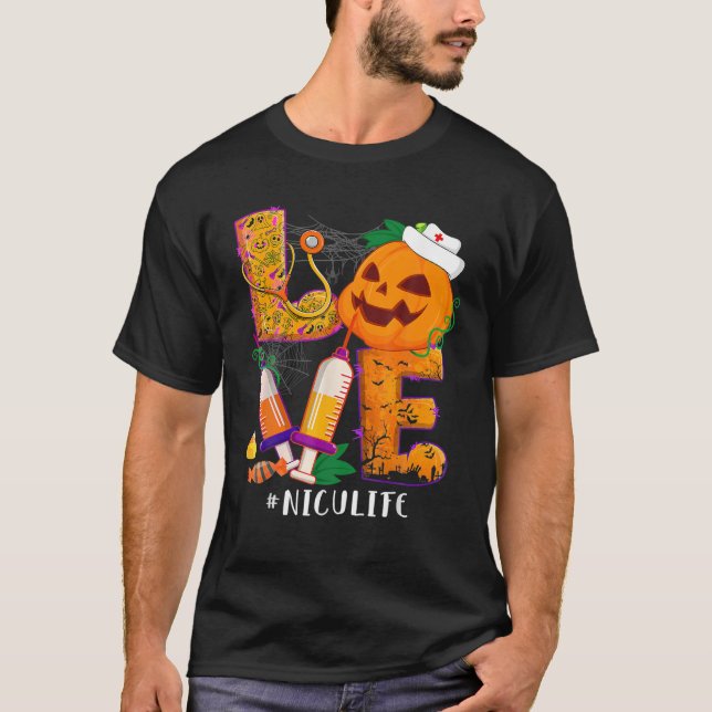Camiseta Love NICU Enfermeira Vida Halloween Costume Pumpki (Frente)