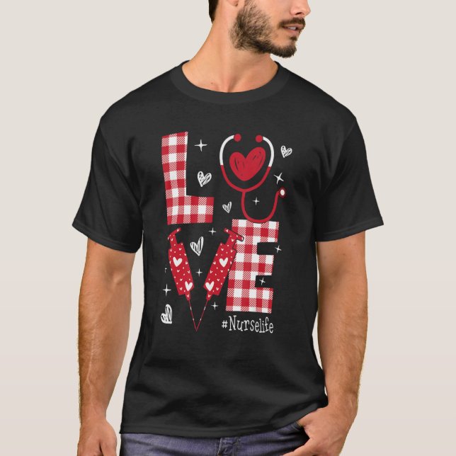 Camiseta LOVE Nurse Life Buffalo Plaid Valentine Day Nursin (Frente)