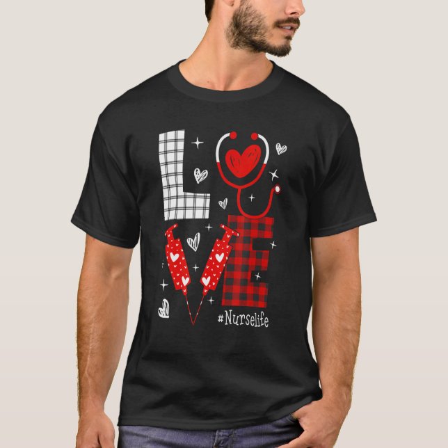 Camiseta LOVE Nurse Life Buffalo Plaid Valentine Day Nursin (Frente)