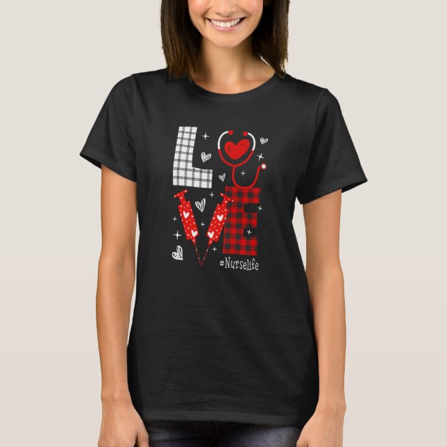 Camiseta LOVE Nurse Life Buffalo Plaid Valentine Day Nursin (Frente)