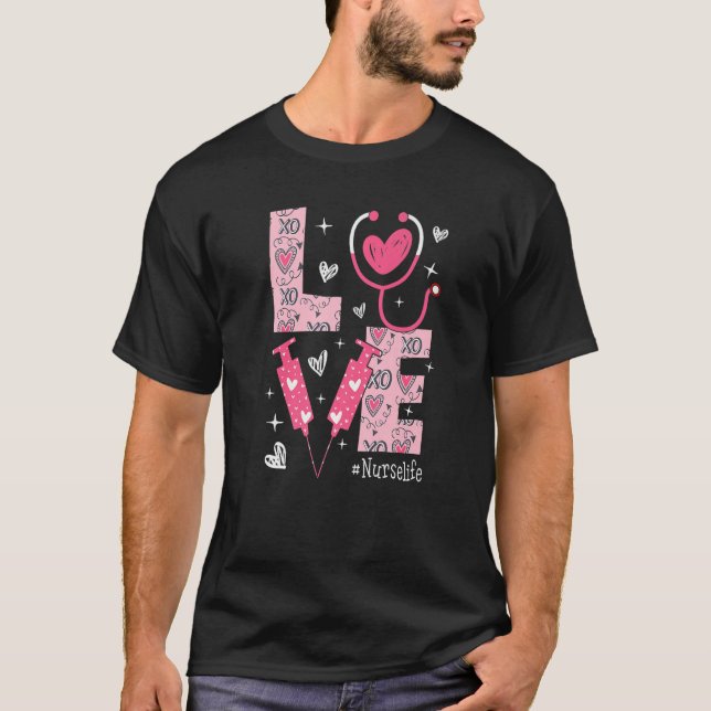 Camiseta LOVE Nurse Life Pink Heart Valentine Day Nursing W (Frente)