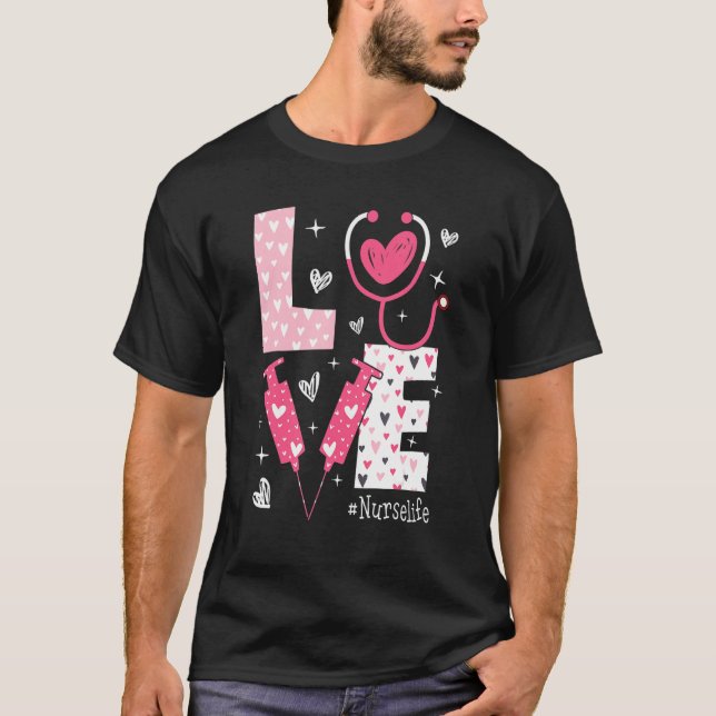 Camiseta LOVE Nurse Life Pink Heart Valentine Day Nursing W (Frente)