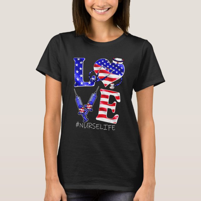 Camiseta Love Nurse Life Scrub 4th Of July American Flag Wo (Frente)
