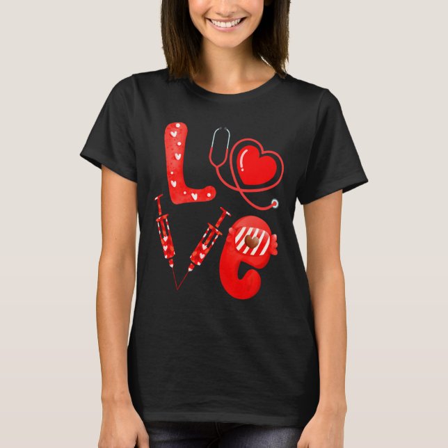 Camiseta Love Nurse Stethoscope Syringe Happy Valentines D  (Frente)