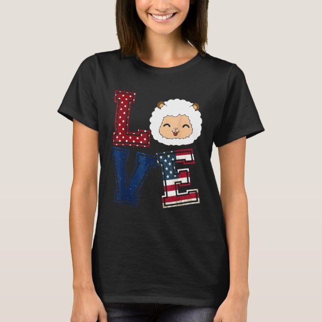 Camiseta LOVE Ovelhas Enfrentam Bandeira Americana Patrióti (Frente)