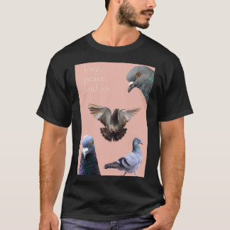 Camiseta love peace and joy friendly racing pigeon design