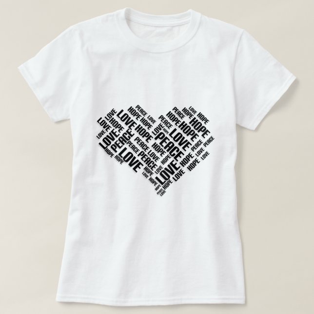 Camiseta LOVE PEACE HOPE Chic Na moda Word Cloud (Frente do Design)
