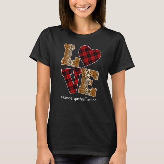 Camiseta LOVE Plaid Red Leopard Kindergarten Teacher Valent (Frente)