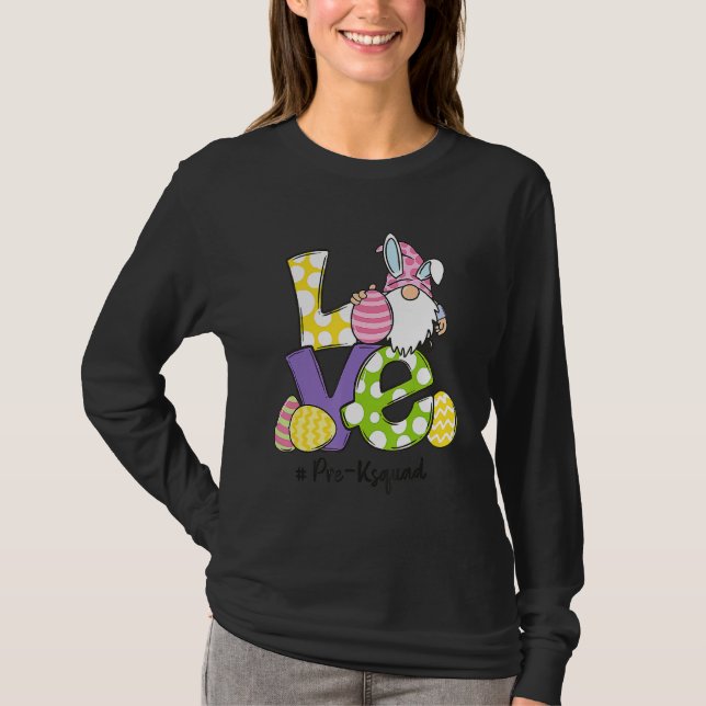 Camiseta Love Pre K Gnomos Bunny Ovos Professores Páscoa Di (Frente)