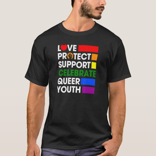 Camiseta Love Protect Support Celebrate Queer Youth Lgbtq G (Frente)
