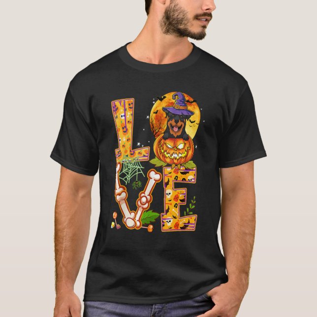 Camiseta Love Rottweiler Witch Pumpkin Assustador Cão de Ha (Frente)