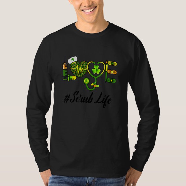 Camiseta Love Scrub Life Irish Enfermeira Stethoscope Rua P (Frente)