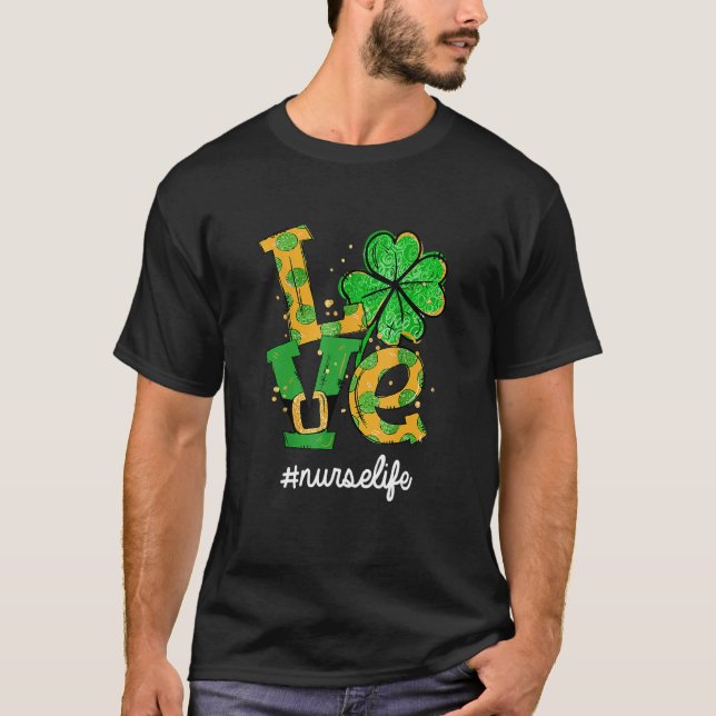 Camiseta Love Shamrock Enfermeira Life Cna Er Dia de São Pa (Frente)