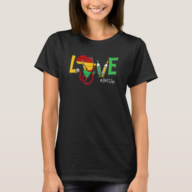 Camiseta Love Stethoscope EMT Life Black History Mês Afro (Frente)
