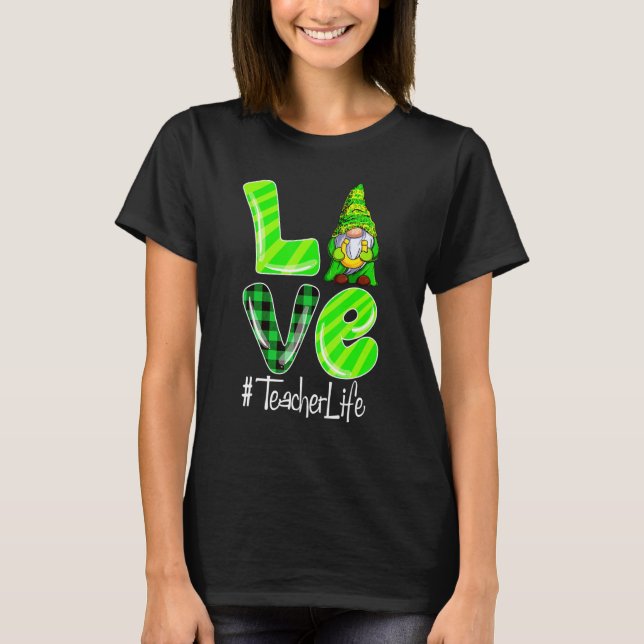 Camiseta LOVE Teacher Life Gnome Leopard Shamrock St Patric (Frente)