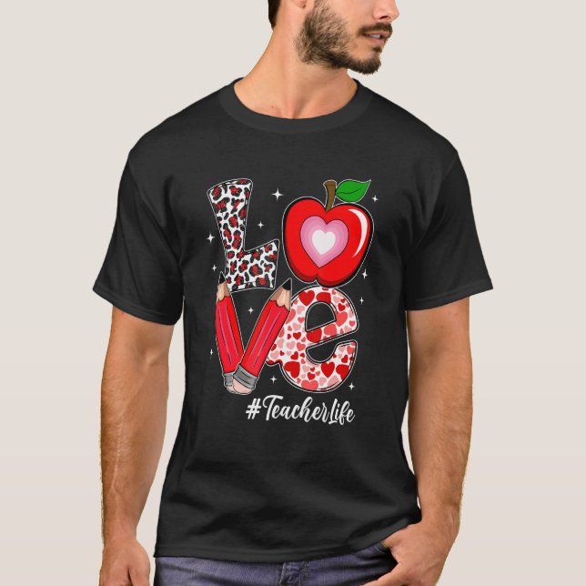 Camiseta Love Teacher Life Heart Leopard Teacher Funny Vale (Frente)