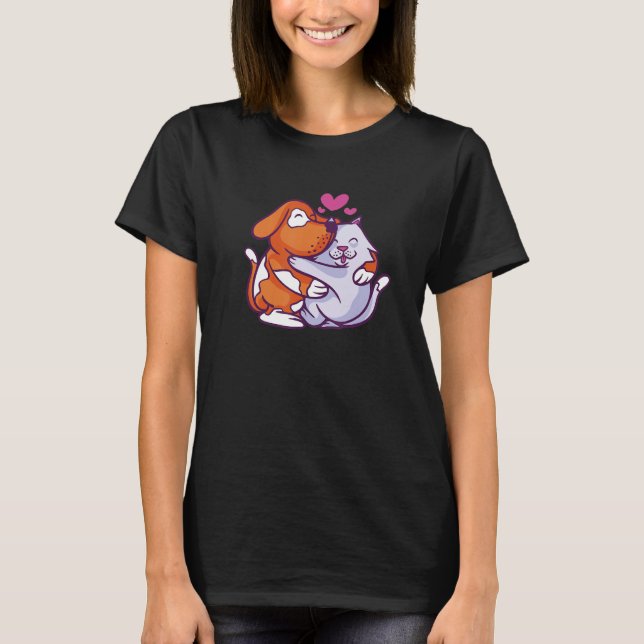 Camiseta lovely cat and dog hug design living in peace frie (Frente)