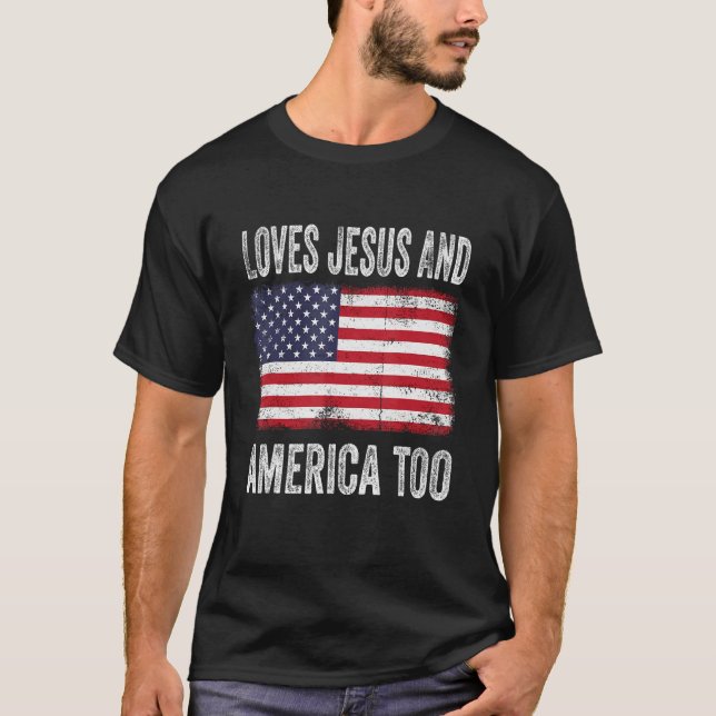 Camiseta Loves Jesus & America Too Christ 4th Of July Ameri (Frente)
