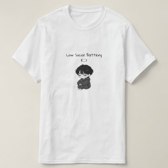 Camiseta Low Social Battery Relatable Chibi Boy (Frente do Design)