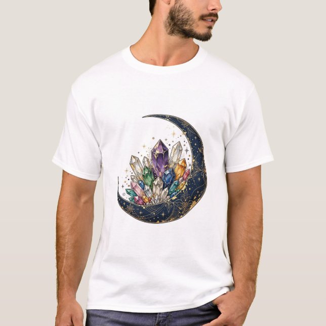 Camiseta Lua Celestial e Cristais — Pedra Preciosa Mística  (Frente)