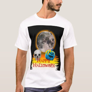 Camiseta Lua cheia, crânio e abóbora azul à noite.