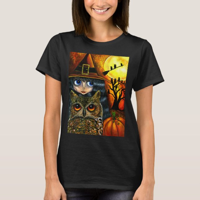 Camiseta Lua cheia de coruja-coruja-de-bruxas-bruxas bonita (Frente)