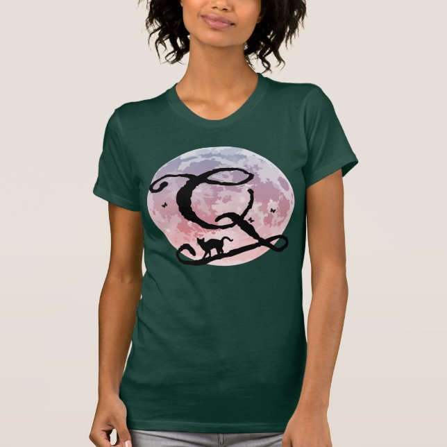 Camiseta Lua cheia e gata Q Monograma inicial (Frente)