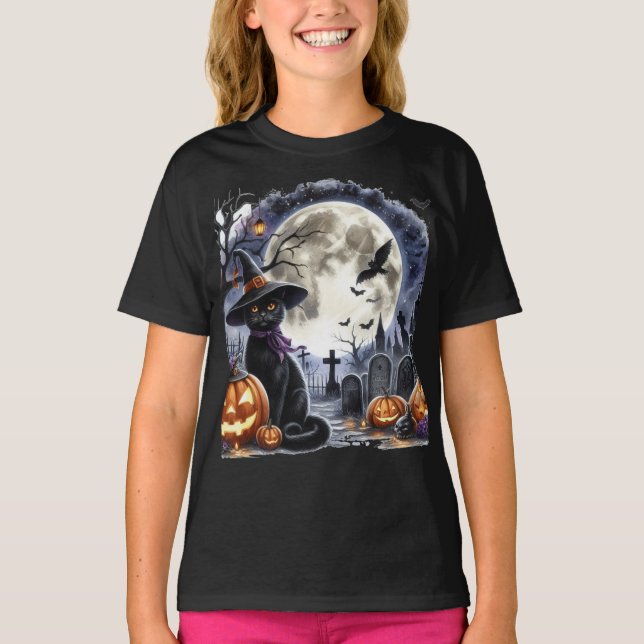 Camiseta Lua Cheia e Gato Negro de Halloween Spooky (Frente)