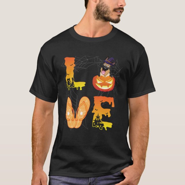 Camiseta Lua Chinelo de Dedo Aranha Abóbora Pastor Alemão A (Frente)